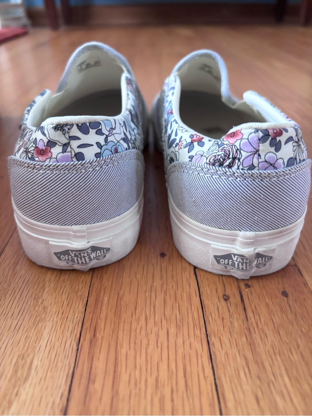 Vans Slip-On Sneakers in Light Denim Stripe with Floral Trim - Picture 2 of 4